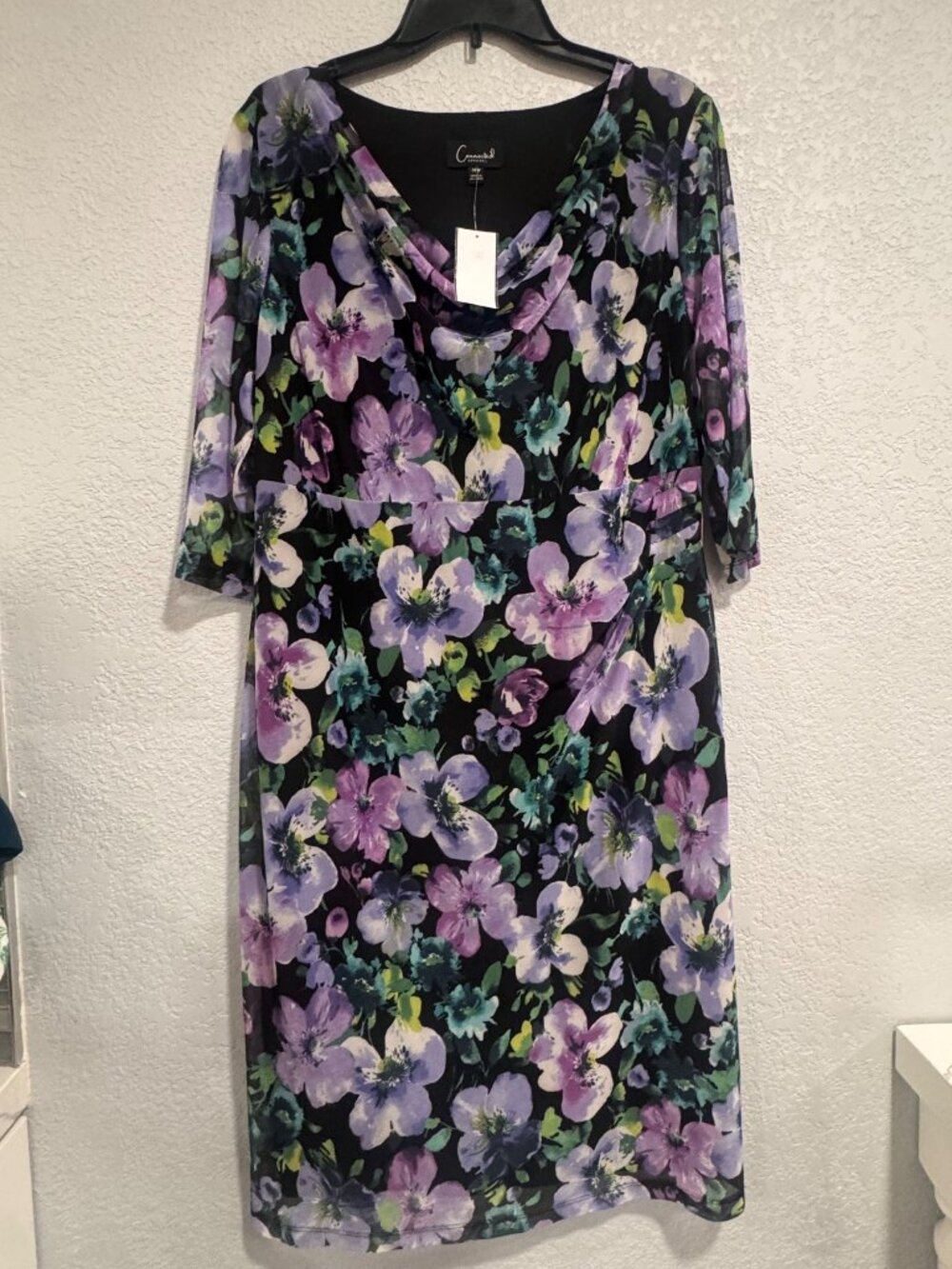 Floral Black & Purple Cowl Neck Dress 3/4 Sleeve Chiffon Size 14W - Picture 5 of 7